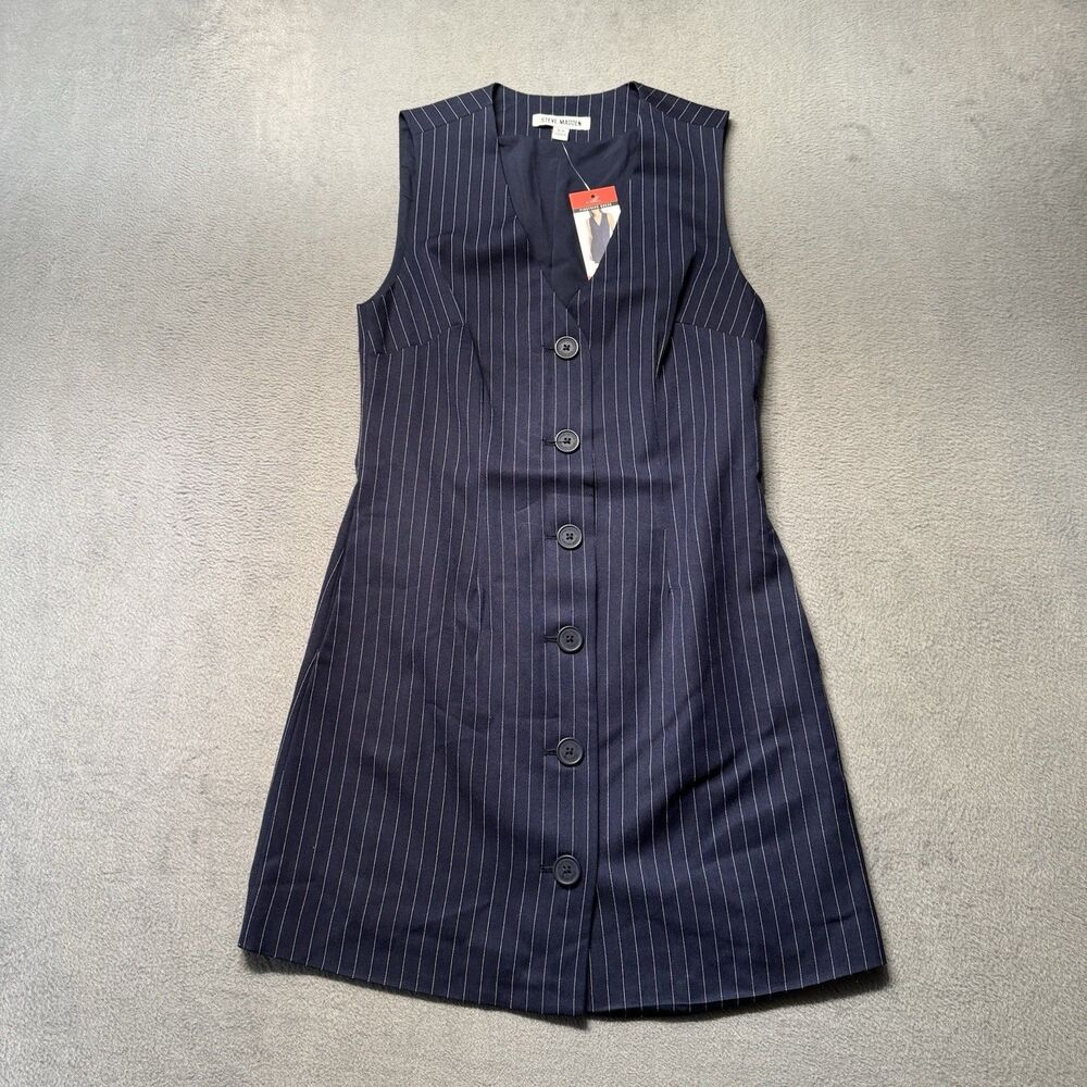 Steve Madden Womens XS Pinstripe Dress Navy Sleeveless Button Front Stretch NWT